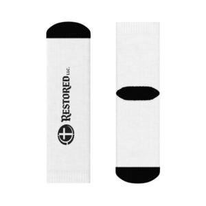Restored LLC Logo Crew Socks — White Athletic Socks with Vertical Cross Emblem