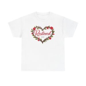 Restored Valentine Tee — “Love Heals. We Restore.” Floral Christian T‑Shirt